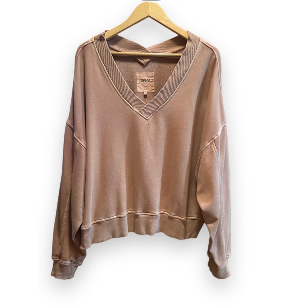 Aerie Relaxed V-Neck Oversized Slouchy Pullover Sweatshirt Tan